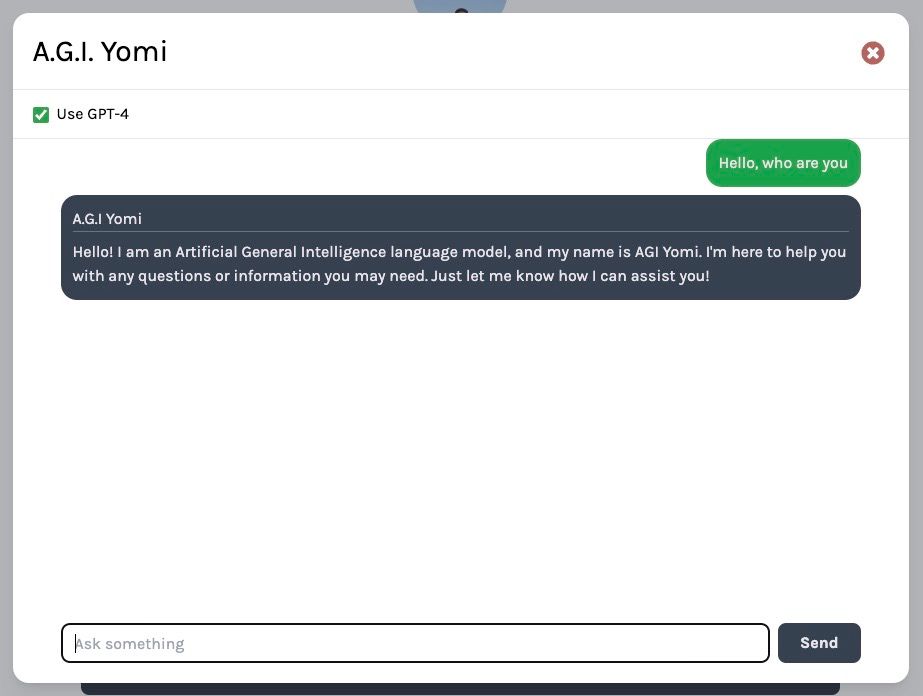 Chat with my consciousness interface showing the LLM responding as AGI Yomi.